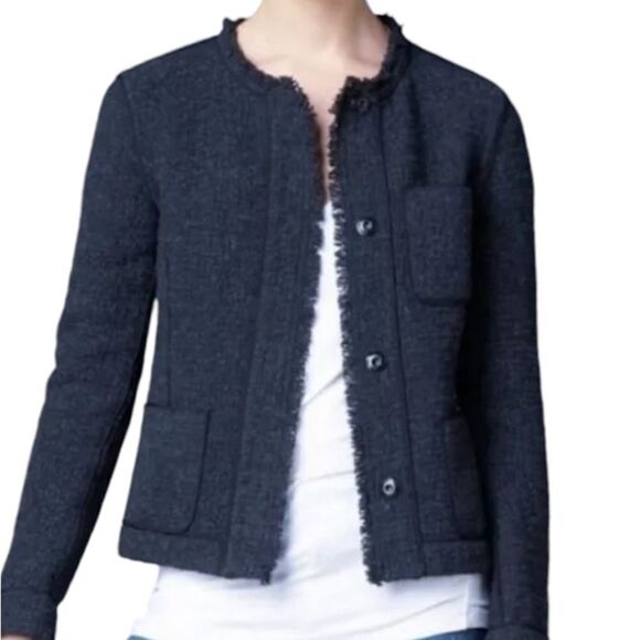 Vince Navy Frayed Hem Wool Blend Boucle Blazer - Picture 1 of 6
